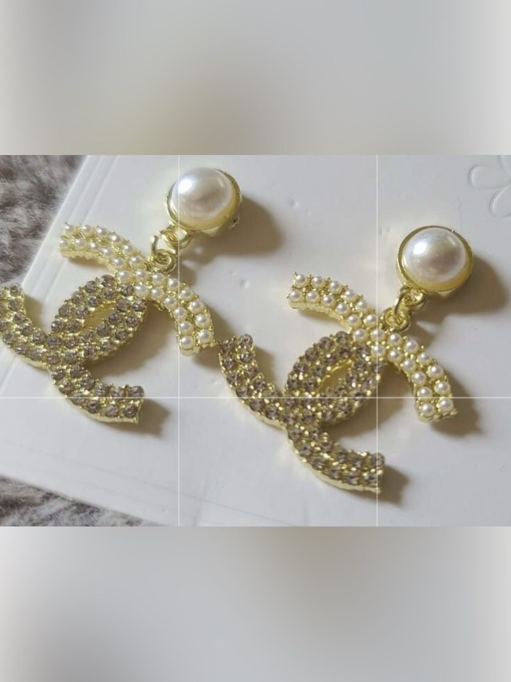 CHANEL Gold-Tone Double C Drop Earrings with White Pearls
